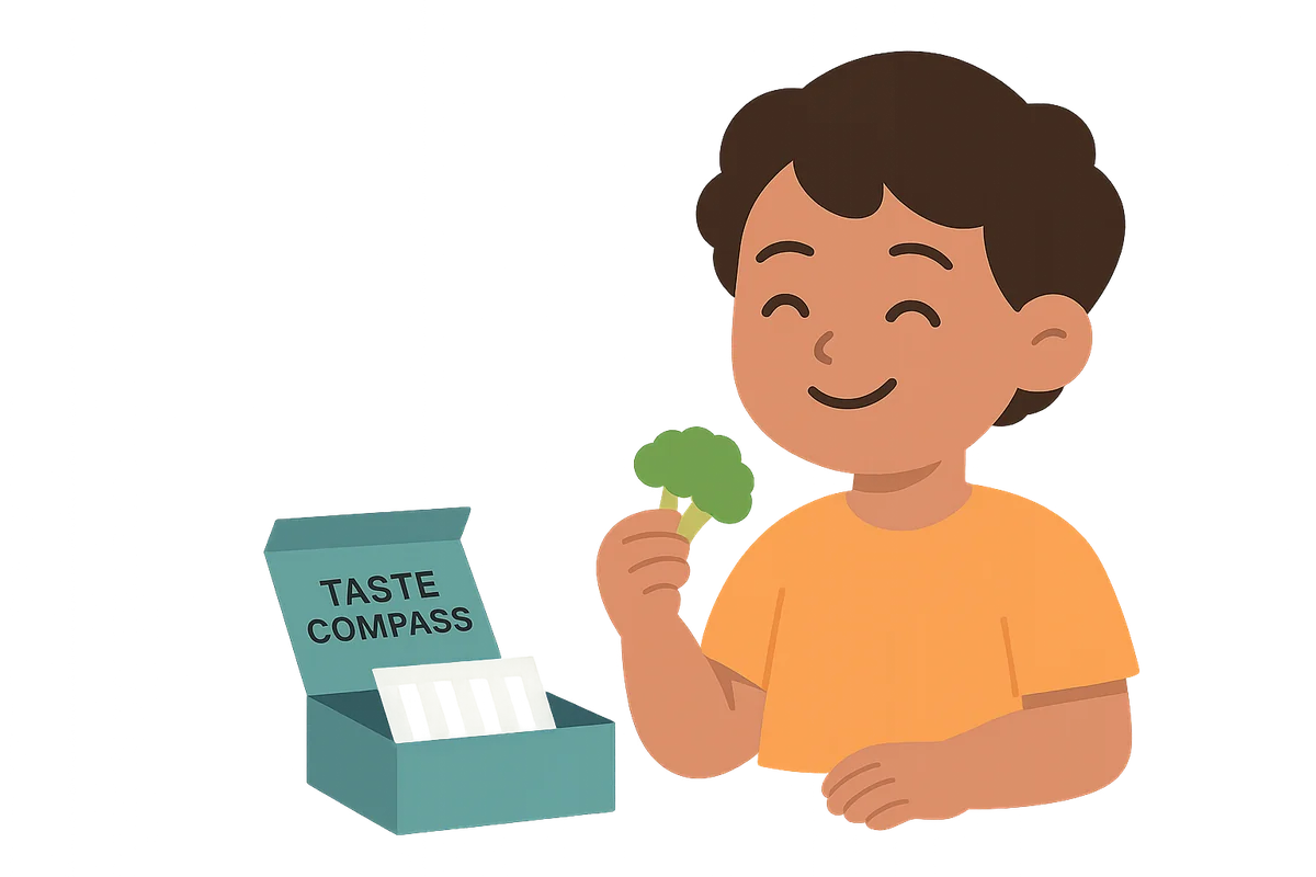 Child exploring food with Taste Compass kit illustration